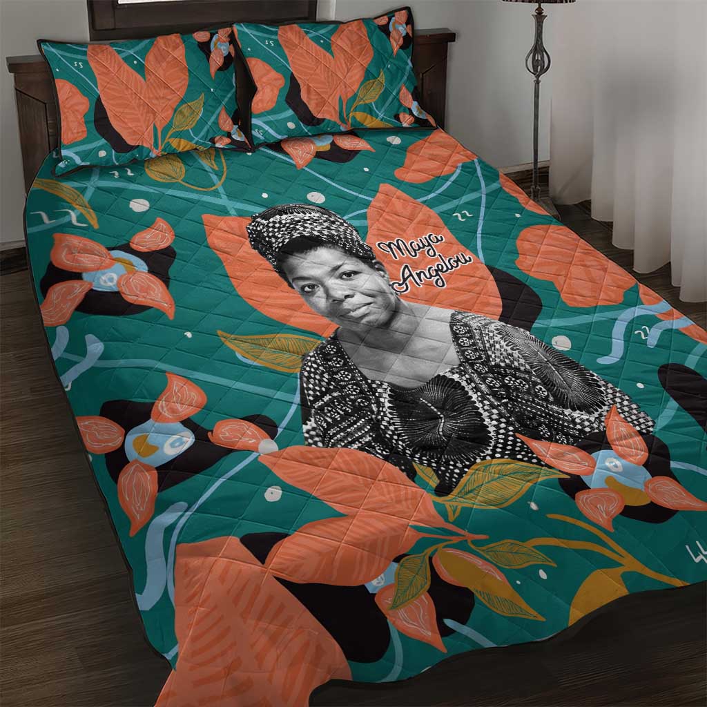 Maya Angelou Quilt Bed Set Inspirational Quote Design Vibrant Teal and Orange Leaf Motif - Wonder Print Shop