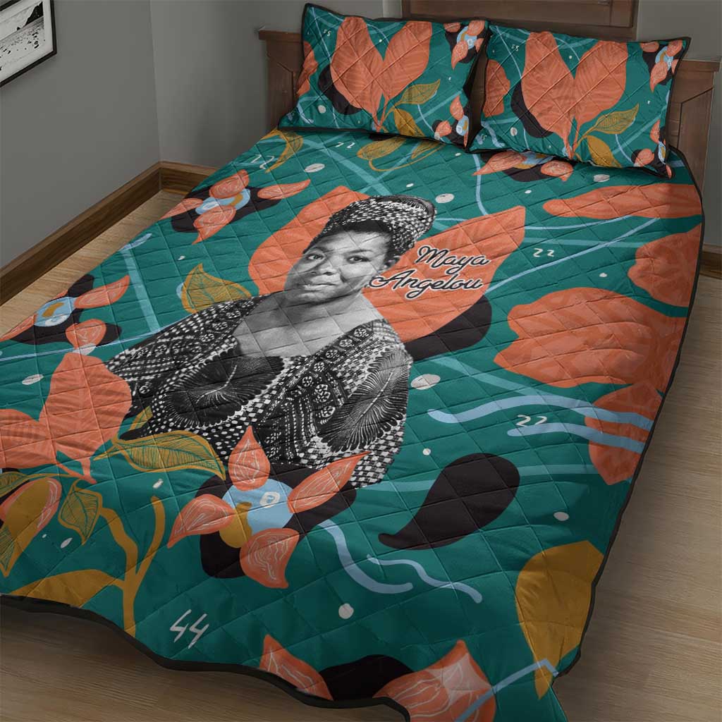 Maya Angelou Quilt Bed Set Inspirational Quote Design Vibrant Teal and Orange Leaf Motif - Wonder Print Shop