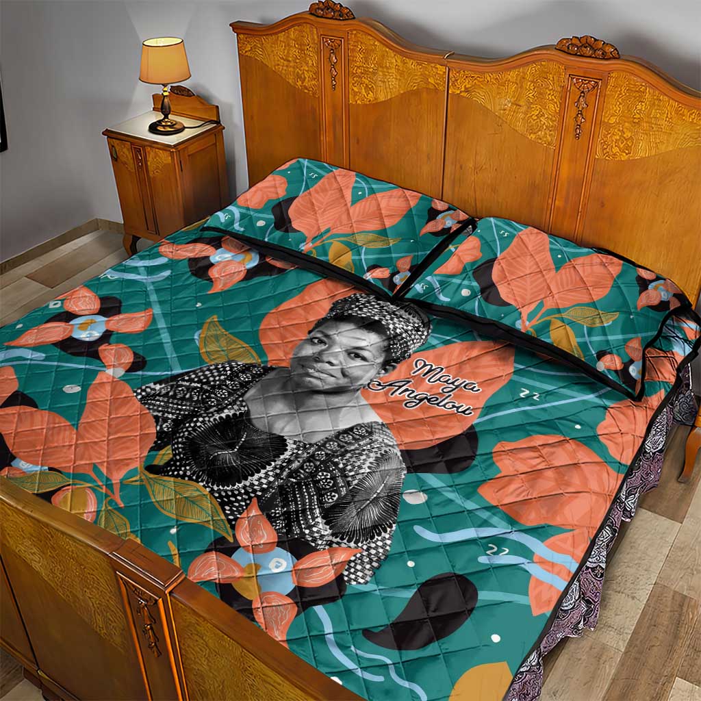 Maya Angelou Quilt Bed Set Inspirational Quote Design Vibrant Teal and Orange Leaf Motif - Wonder Print Shop