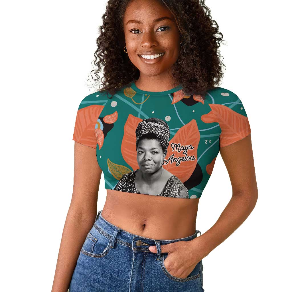 Maya Angelou Raglan Cropped T shirt Inspirational Quote Design Vibrant Teal and Orange Leaf Motif - Wonder Print Shop