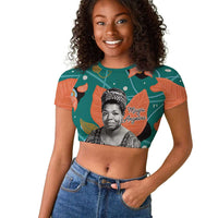 Maya Angelou Raglan Cropped T shirt Inspirational Quote Design Vibrant Teal and Orange Leaf Motif - Wonder Print Shop