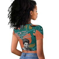 Maya Angelou Raglan Cropped T shirt Inspirational Quote Design Vibrant Teal and Orange Leaf Motif - Wonder Print Shop