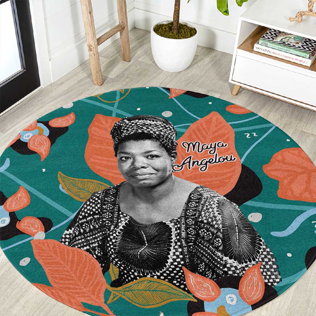 Maya Angelou Round Carpet Inspirational Quote Design Vibrant Teal and Orange Leaf Motif - Wonder Print Shop