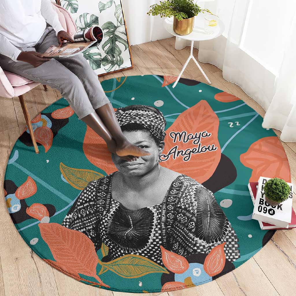 Maya Angelou Round Carpet Inspirational Quote Design Vibrant Teal and Orange Leaf Motif - Wonder Print Shop