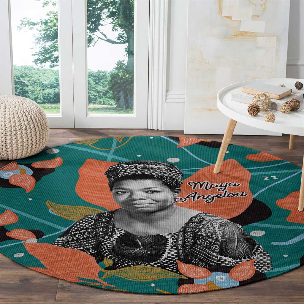 Maya Angelou Round Carpet Inspirational Quote Design Vibrant Teal and Orange Leaf Motif - Wonder Print Shop
