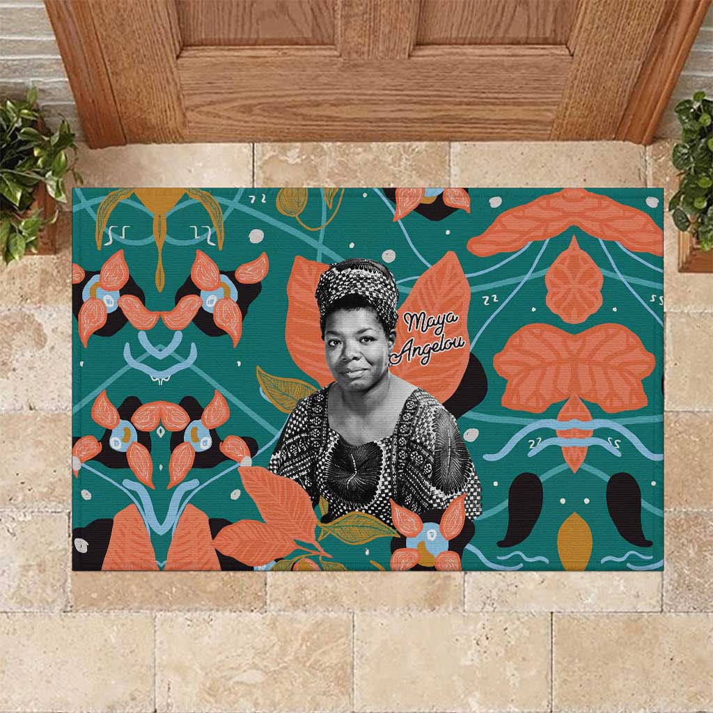Maya Angelou Rubber Doormat Inspirational Quote Design Vibrant Teal and Orange Leaf Motif - Wonder Print Shop
