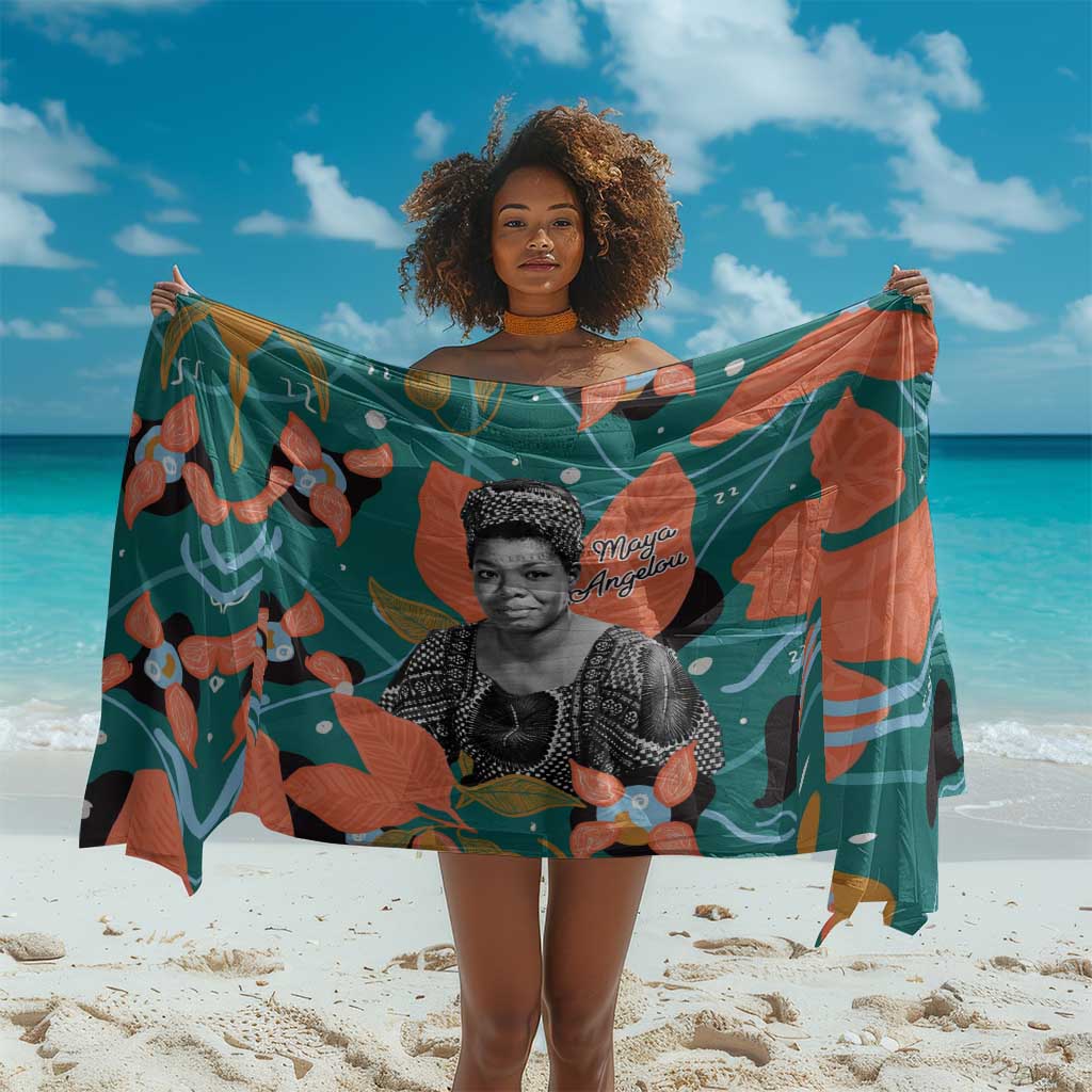 Maya Angelou Sarong Inspirational Quote Design Vibrant Teal and Orange Leaf Motif - Wonder Print Shop