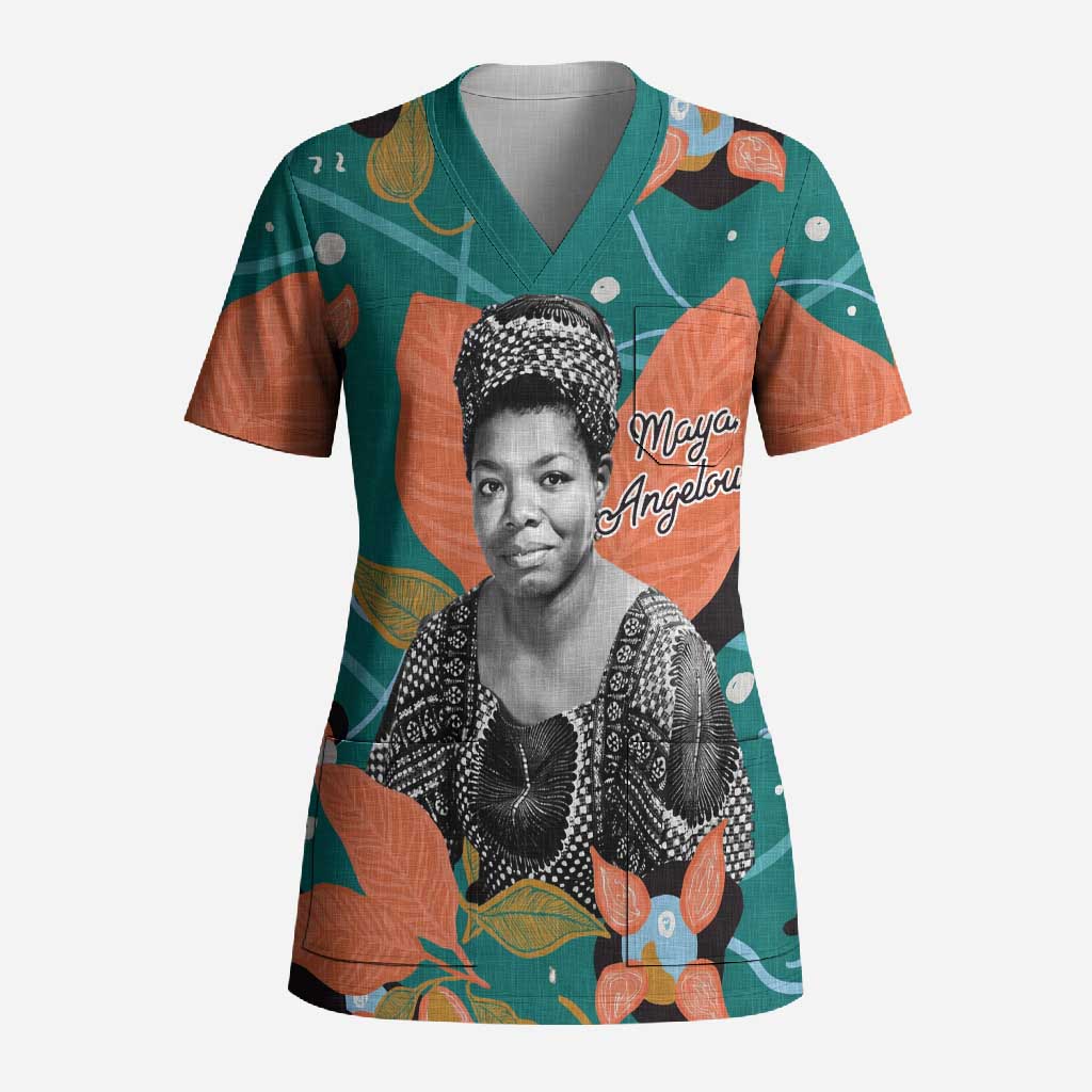 Maya Angelou Scrub Top Inspirational Quote Design Vibrant Teal and Orange Leaf Motif - Wonder Print Shop
