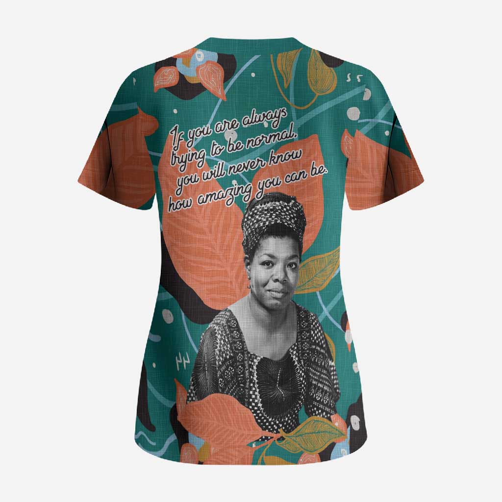 Maya Angelou Scrub Top Inspirational Quote Design Vibrant Teal and Orange Leaf Motif - Wonder Print Shop