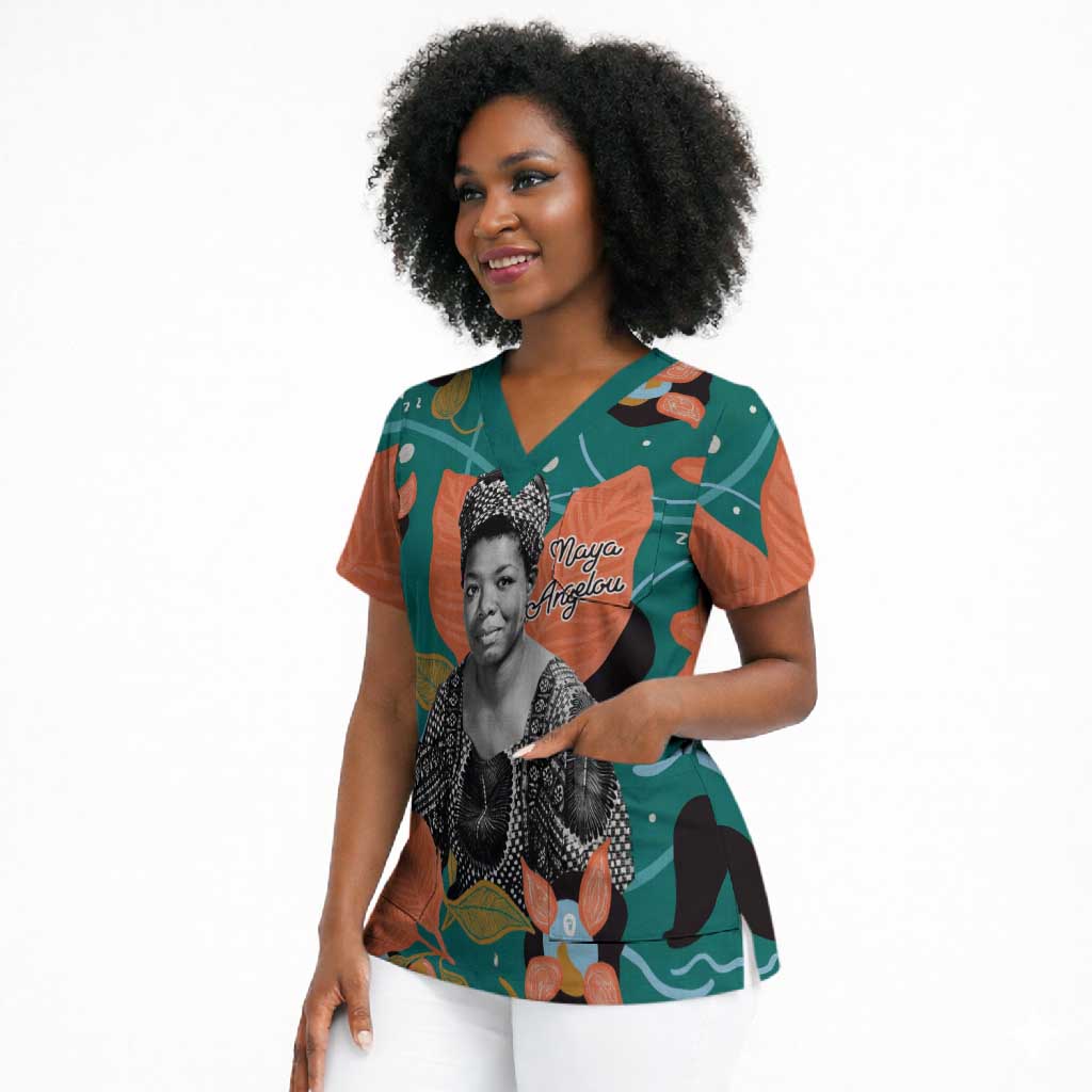 Maya Angelou Scrub Top Inspirational Quote Design Vibrant Teal and Orange Leaf Motif - Wonder Print Shop