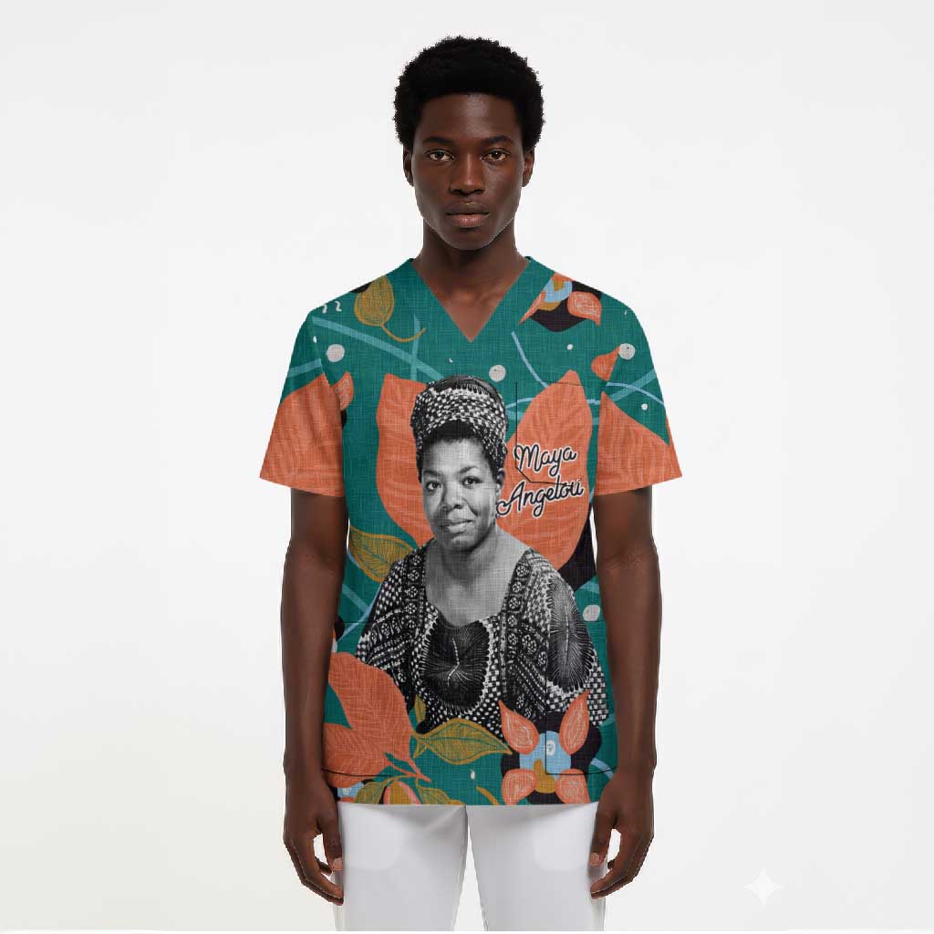 Maya Angelou Scrub Top Inspirational Quote Design Vibrant Teal and Orange Leaf Motif - Wonder Print Shop