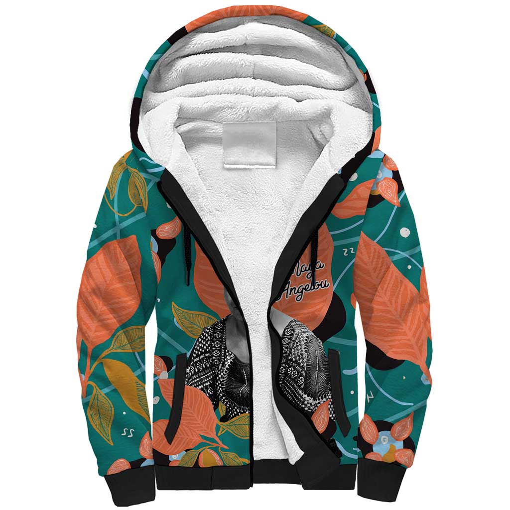 Maya Angelou Sherpa Hoodie Inspirational Quote Design Vibrant Teal and Orange Leaf Motif - Wonder Print Shop