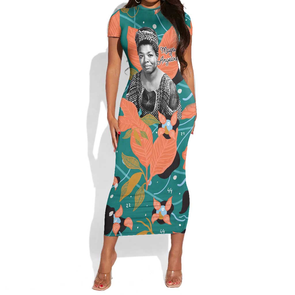 Maya Angelou Short Sleeve Bodycon Dress Inspirational Quote Design Vibrant Teal and Orange Leaf Motif - Wonder Print Shop