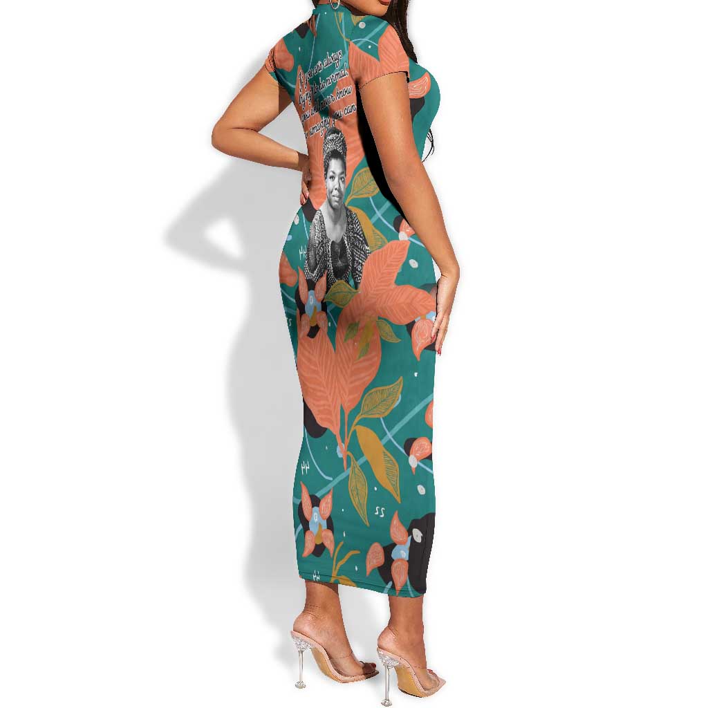 Maya Angelou Short Sleeve Bodycon Dress Inspirational Quote Design Vibrant Teal and Orange Leaf Motif - Wonder Print Shop
