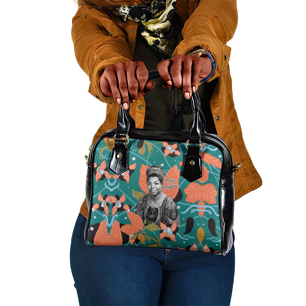 Maya Angelou Shoulder Handbag Inspirational Quote Design Vibrant Teal and Orange Leaf Motif - Wonder Print Shop