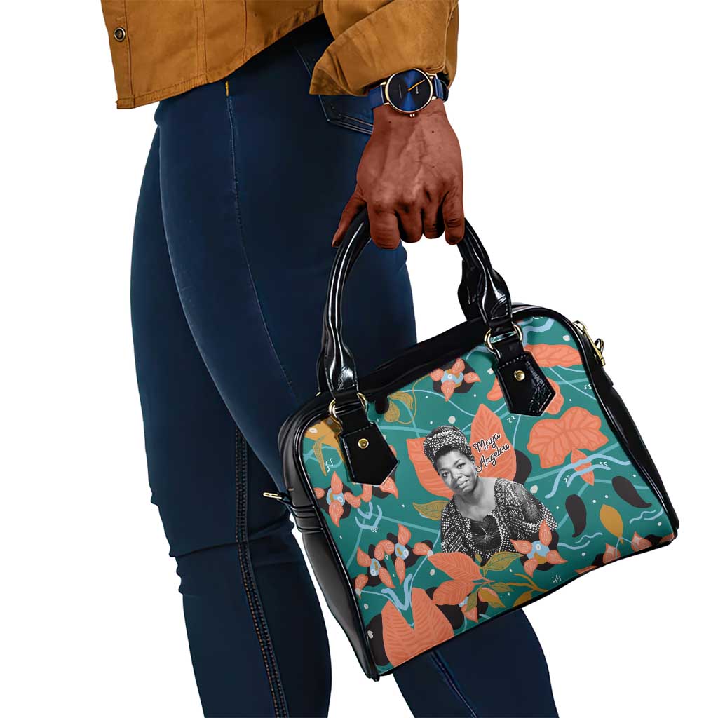 Maya Angelou Shoulder Handbag Inspirational Quote Design Vibrant Teal and Orange Leaf Motif - Wonder Print Shop