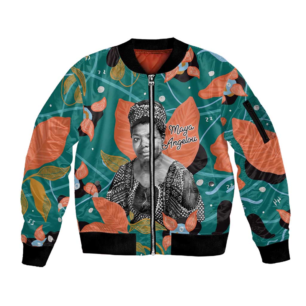 Maya Angelou Sleeve Zip Bomber Jacket Inspirational Quote Design Vibrant Teal and Orange Leaf Motif - Wonder Print Shop