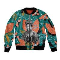 Maya Angelou Sleeve Zip Bomber Jacket Inspirational Quote Design Vibrant Teal and Orange Leaf Motif - Wonder Print Shop