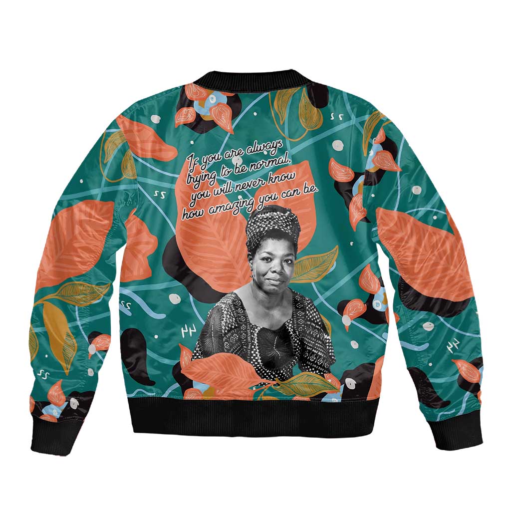 Maya Angelou Sleeve Zip Bomber Jacket Inspirational Quote Design Vibrant Teal and Orange Leaf Motif - Wonder Print Shop
