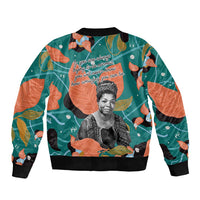 Maya Angelou Sleeve Zip Bomber Jacket Inspirational Quote Design Vibrant Teal and Orange Leaf Motif - Wonder Print Shop
