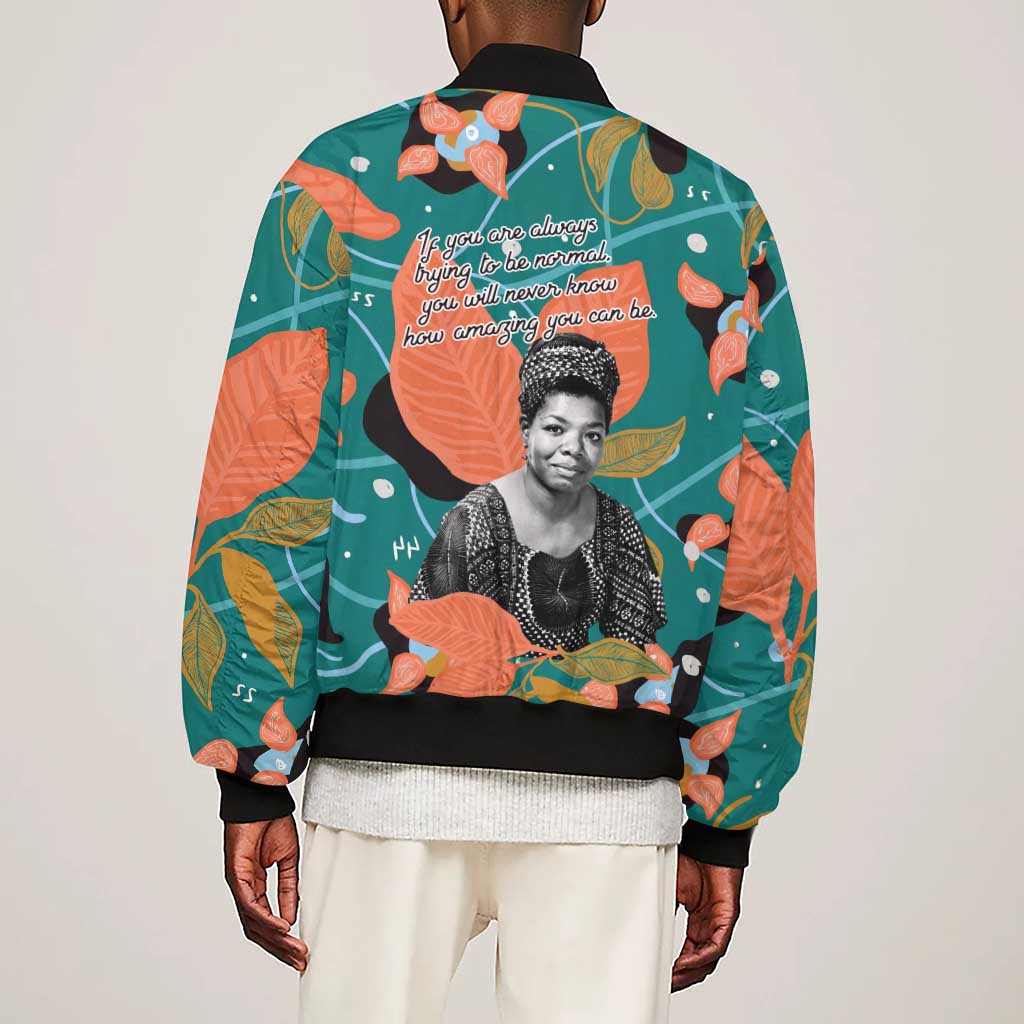 Maya Angelou Sleeve Zip Bomber Jacket Inspirational Quote Design Vibrant Teal and Orange Leaf Motif - Wonder Print Shop