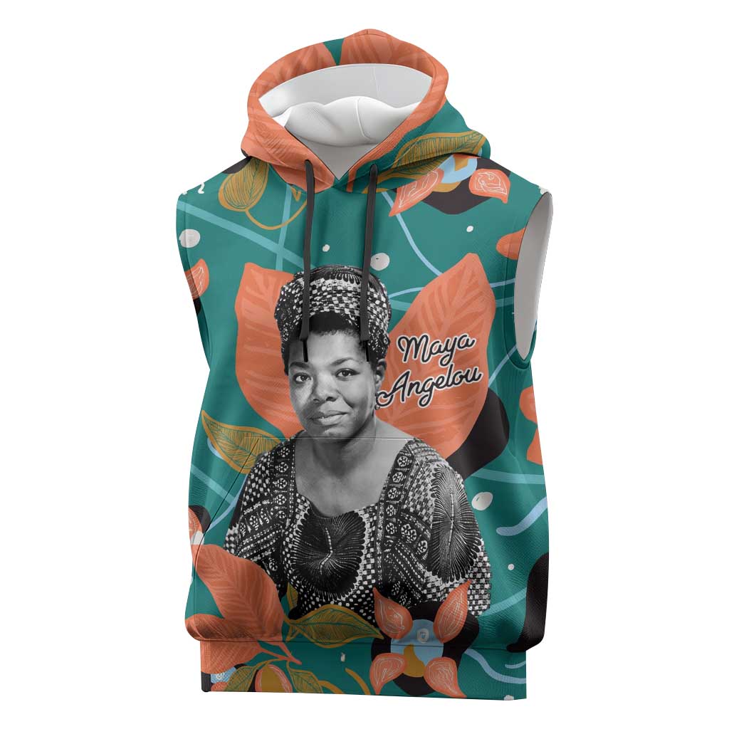 Maya Angelou Sleeveless Hoodie Inspirational Quote Design Vibrant Teal and Orange Leaf Motif - Wonder Print Shop