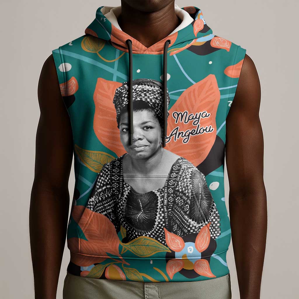 Maya Angelou Sleeveless Hoodie Inspirational Quote Design Vibrant Teal and Orange Leaf Motif - Wonder Print Shop