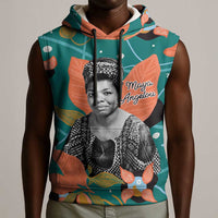 Maya Angelou Sleeveless Hoodie Inspirational Quote Design Vibrant Teal and Orange Leaf Motif - Wonder Print Shop