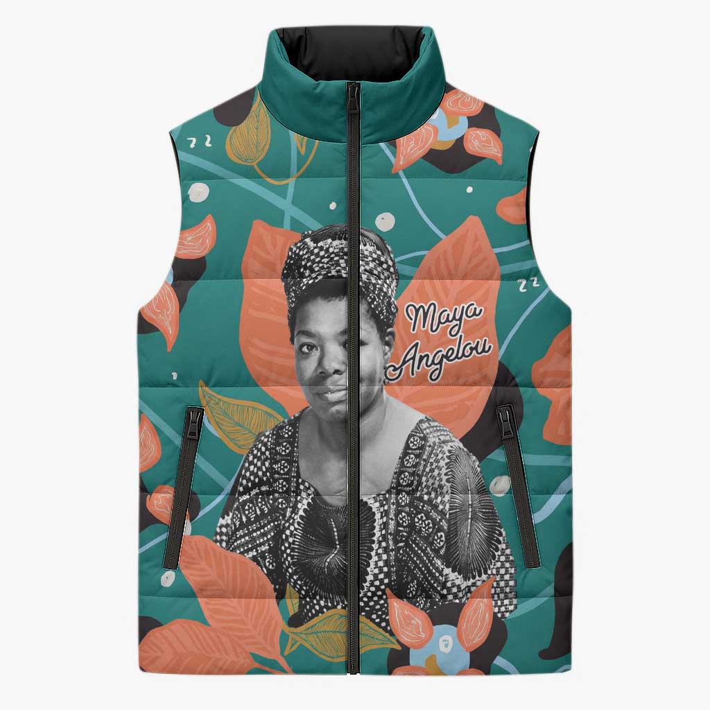 Maya Angelou Sleeveless Puffer Jacket Inspirational Quote Design Vibrant Teal and Orange Leaf Motif - Wonder Print Shop