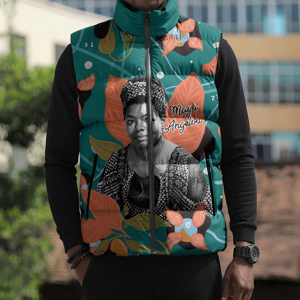 Maya Angelou Sleeveless Puffer Jacket Inspirational Quote Design Vibrant Teal and Orange Leaf Motif - Wonder Print Shop