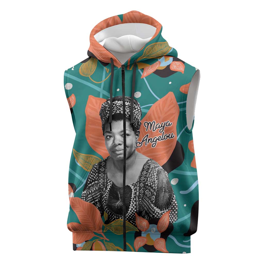 Maya Angelou Sleeveless Zip Hoodie Inspirational Quote Design Vibrant Teal and Orange Leaf Motif - Wonder Print Shop