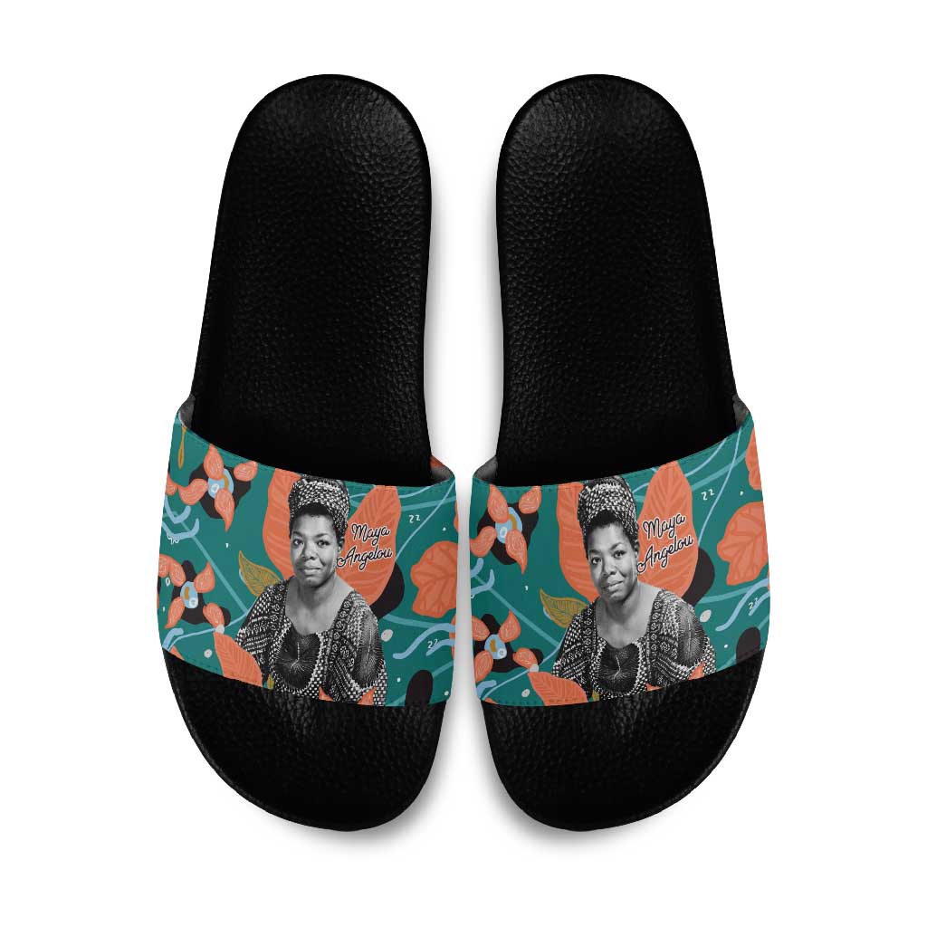 Maya Angelou Slide Sandals Inspirational Quote Design Vibrant Teal and Orange Leaf Motif - Wonder Print Shop