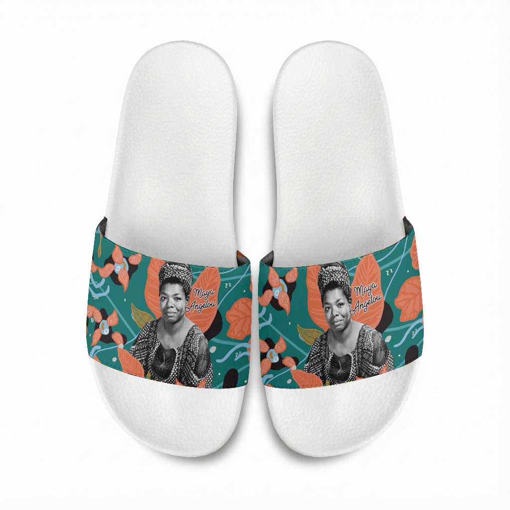 Maya Angelou Slide Sandals Inspirational Quote Design Vibrant Teal and Orange Leaf Motif - Wonder Print Shop