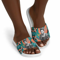Maya Angelou Slide Sandals Inspirational Quote Design Vibrant Teal and Orange Leaf Motif - Wonder Print Shop