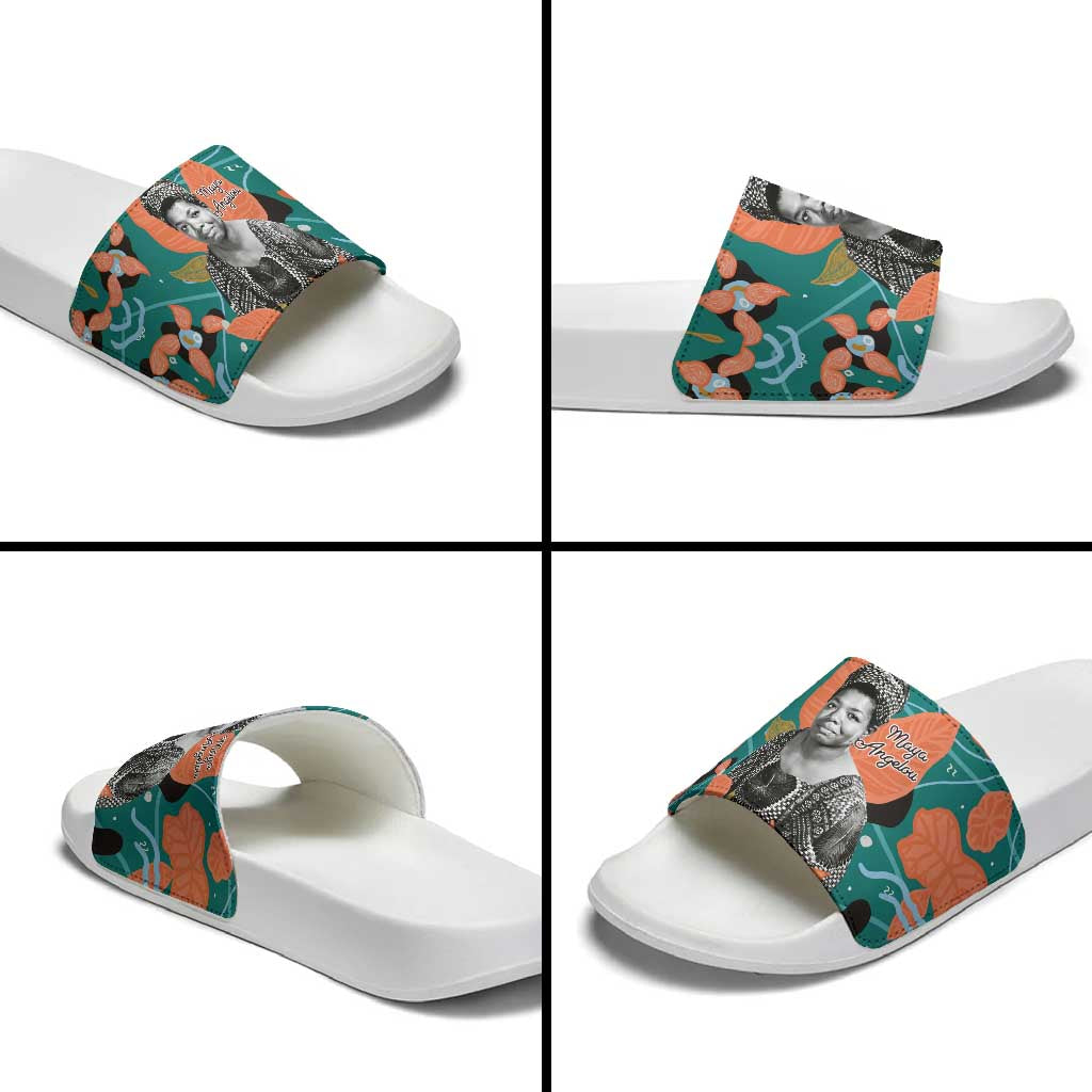 Maya Angelou Slide Sandals Inspirational Quote Design Vibrant Teal and Orange Leaf Motif - Wonder Print Shop