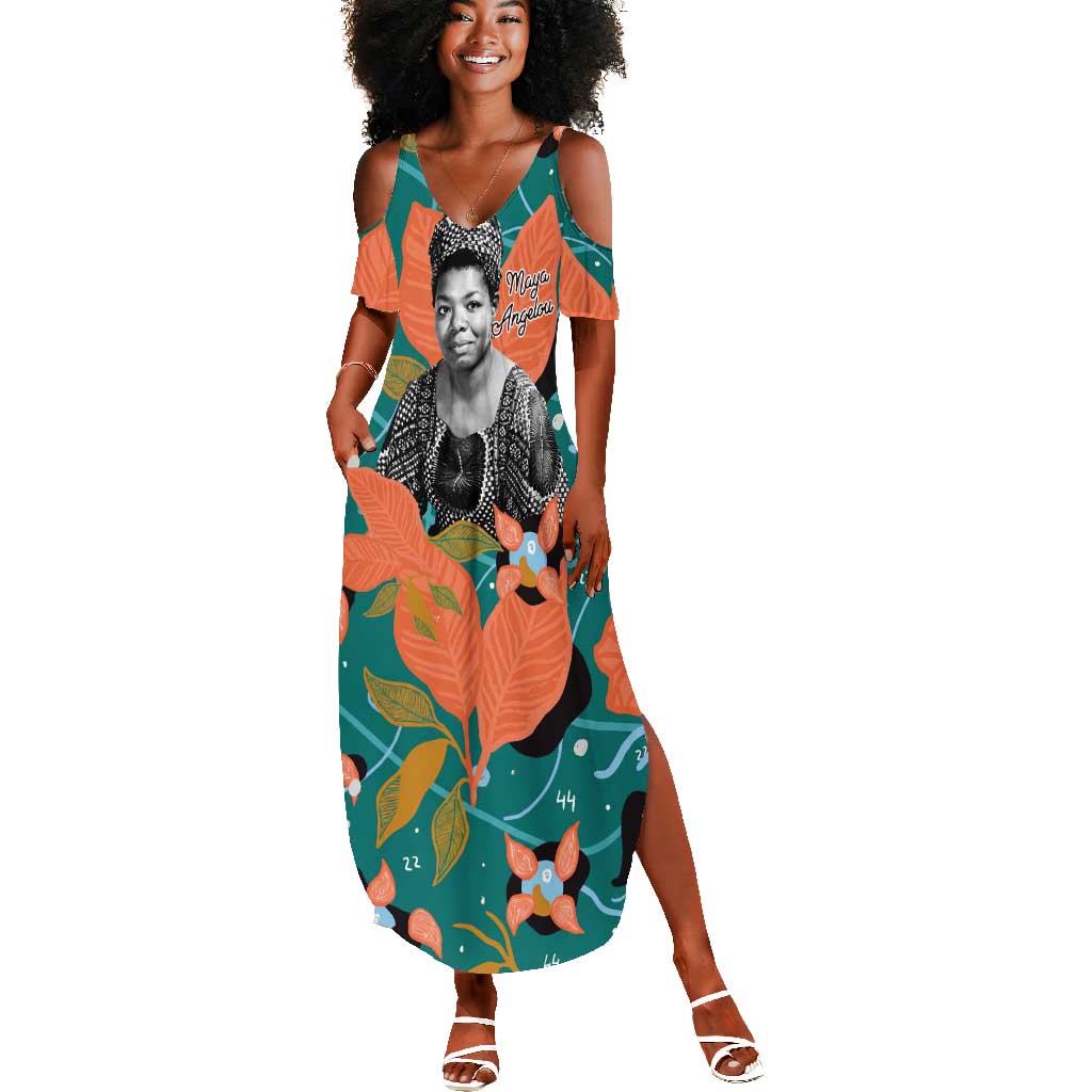 Maya Angelou Summer Maxi Dress Inspirational Quote Design Vibrant Teal and Orange Leaf Motif - Wonder Print Shop