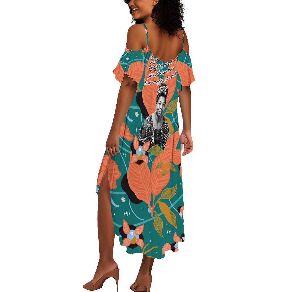 Maya Angelou Summer Maxi Dress Inspirational Quote Design Vibrant Teal and Orange Leaf Motif - Wonder Print Shop