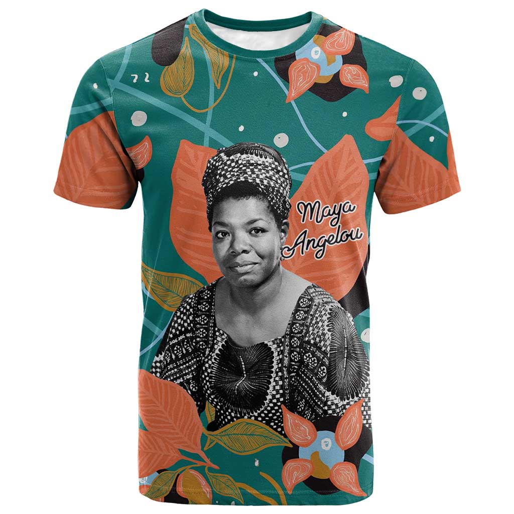 Maya Angelou T shirt Inspirational Quote Design Vibrant Teal and Orange Leaf Motif - Wonder Print Shop
