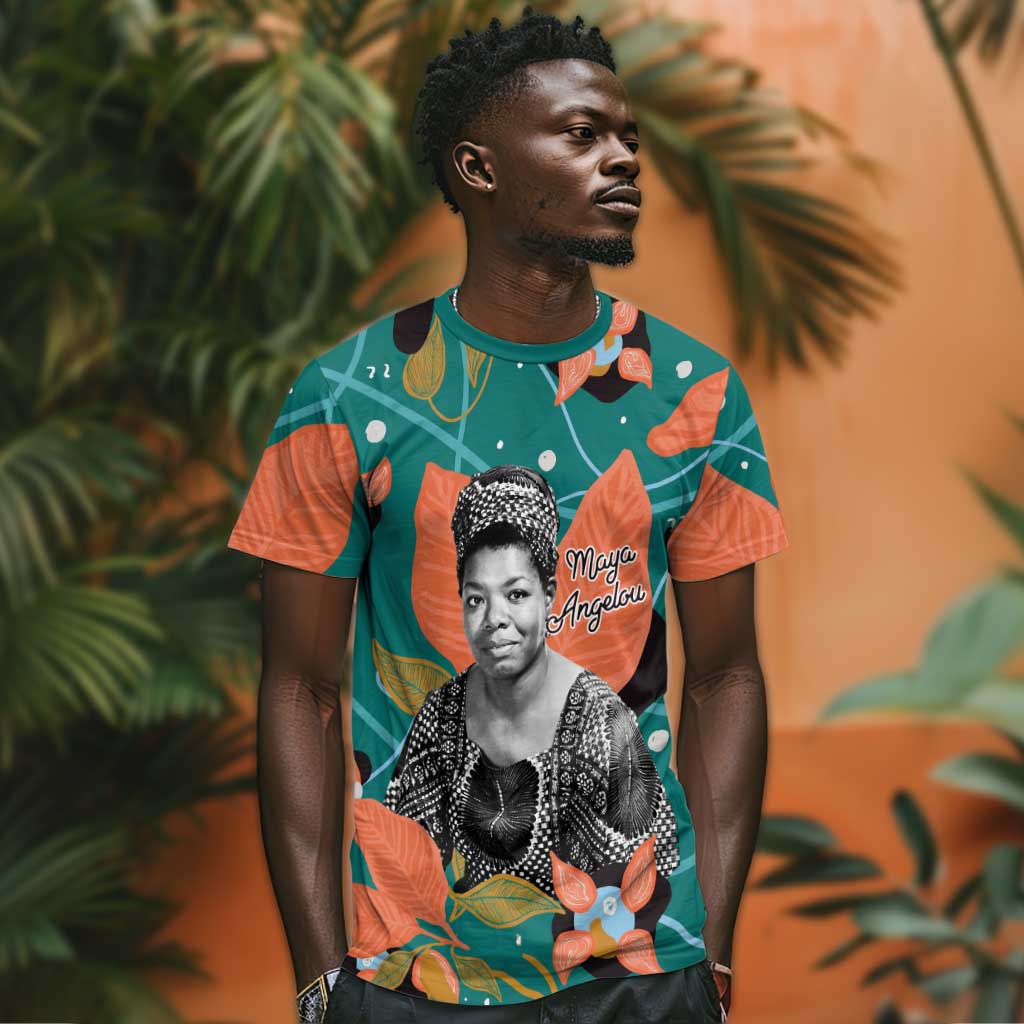 Maya Angelou T shirt Inspirational Quote Design Vibrant Teal and Orange Leaf Motif - Wonder Print Shop