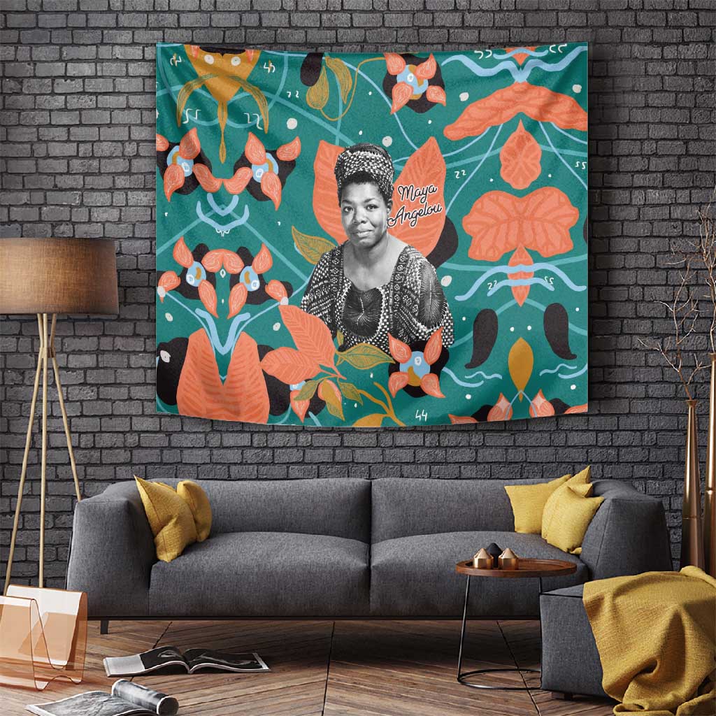 Maya Angelou Tapestry Inspirational Quote Design Vibrant Teal and Orange Leaf Motif - Wonder Print Shop