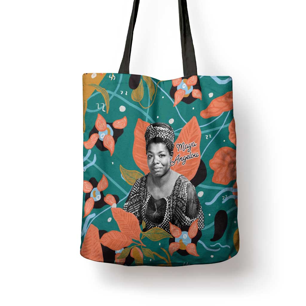 Maya Angelou Tote Bag Inspirational Quote Design Vibrant Teal and Orange Leaf Motif - Wonder Print Shop