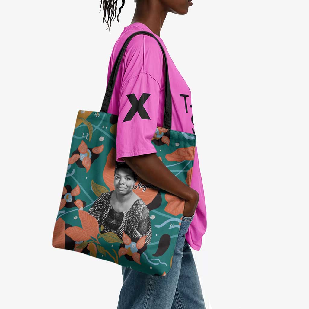 Maya Angelou Tote Bag Inspirational Quote Design Vibrant Teal and Orange Leaf Motif - Wonder Print Shop