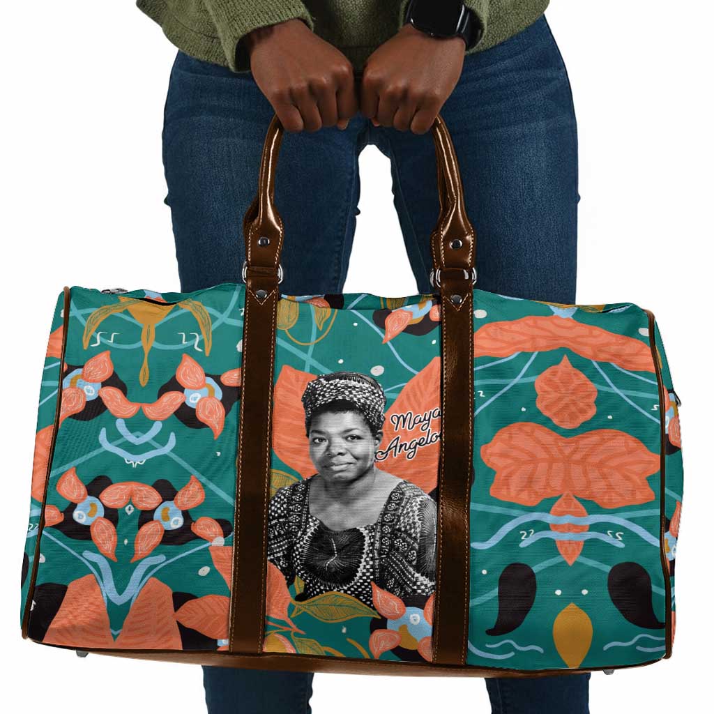 Maya Angelou Travel Bag Inspirational Quote Design Vibrant Teal and Orange Leaf Motif - Wonder Print Shop