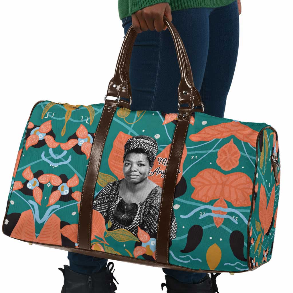 Maya Angelou Travel Bag Inspirational Quote Design Vibrant Teal and Orange Leaf Motif - Wonder Print Shop