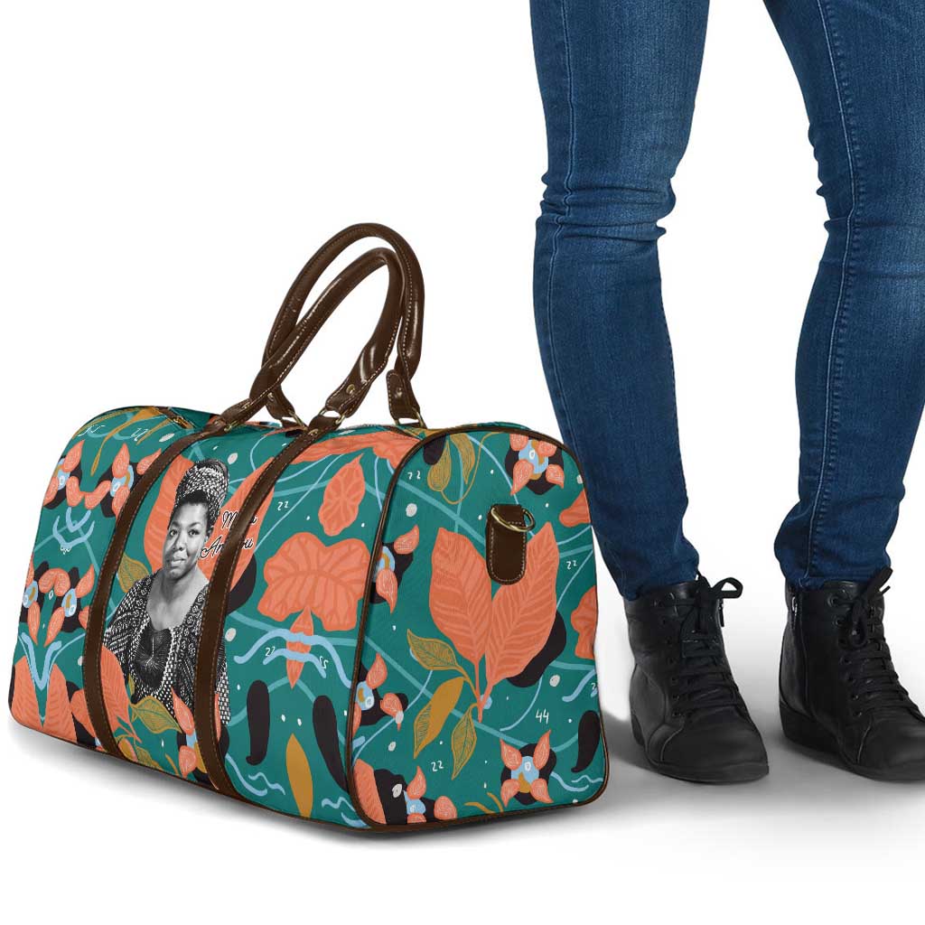 Maya Angelou Travel Bag Inspirational Quote Design Vibrant Teal and Orange Leaf Motif - Wonder Print Shop
