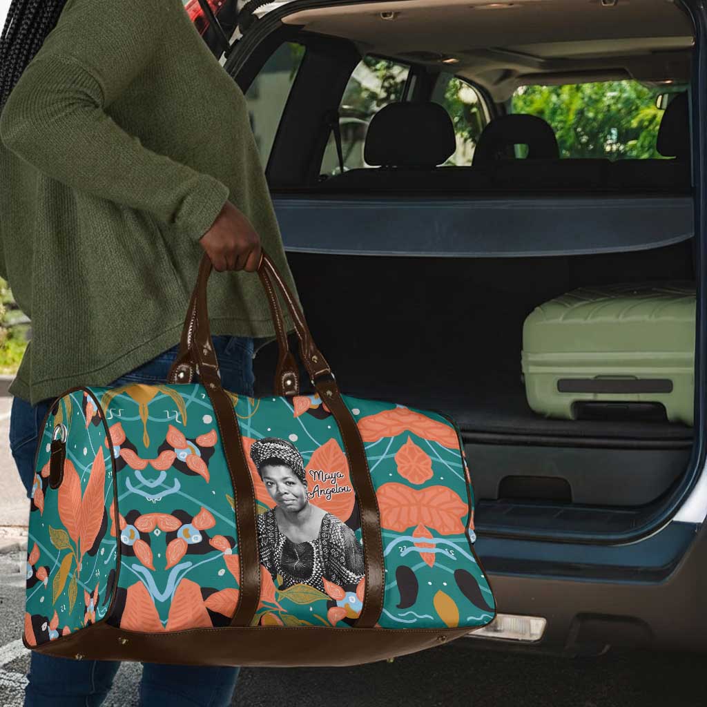 Maya Angelou Travel Bag Inspirational Quote Design Vibrant Teal and Orange Leaf Motif - Wonder Print Shop