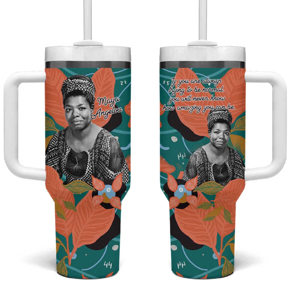 Maya Angelou Tumbler With Handle Inspirational Quote Design Vibrant Teal and Orange Leaf Motif - Wonder Print Shop