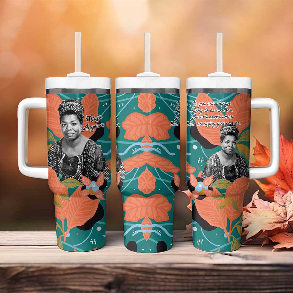 Maya Angelou Tumbler With Handle Inspirational Quote Design Vibrant Teal and Orange Leaf Motif - Wonder Print Shop