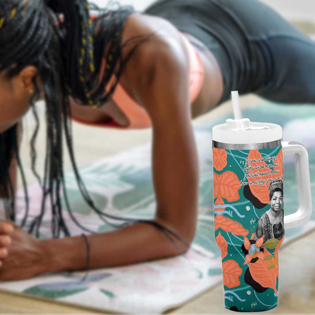 Maya Angelou Tumbler With Handle Inspirational Quote Design Vibrant Teal and Orange Leaf Motif - Wonder Print Shop