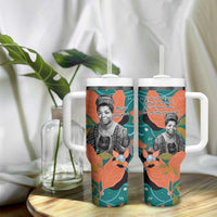 Maya Angelou Tumbler With Handle Inspirational Quote Design Vibrant Teal and Orange Leaf Motif - Wonder Print Shop
